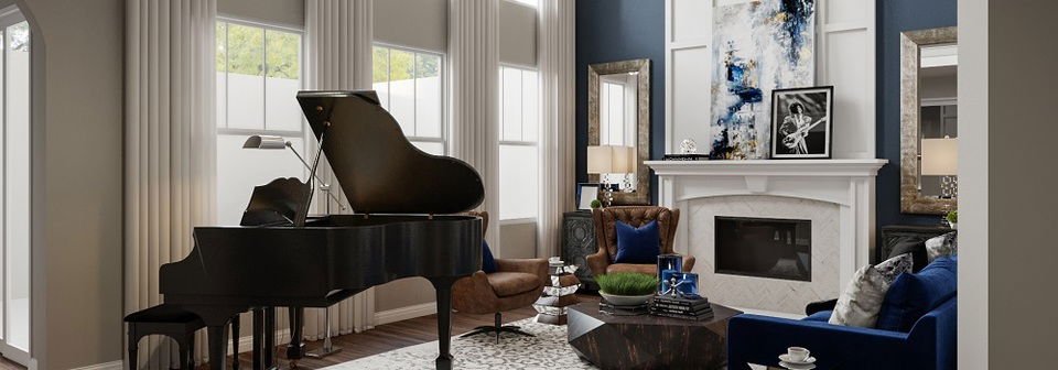 Transitional Living Room with Grand Piano- After Rendering
