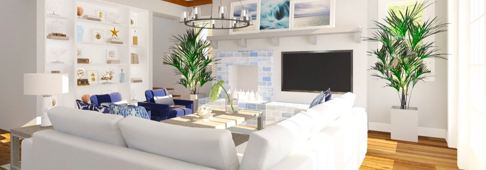 White and Blue Contemporary Living Room- After Rendering