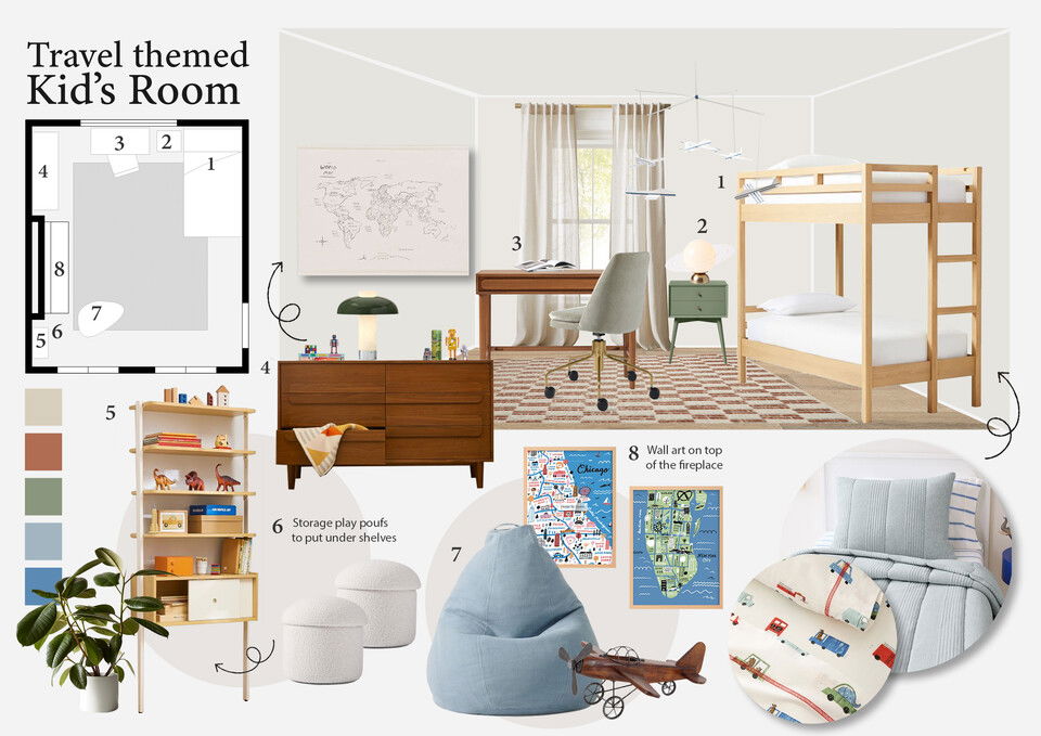 Diseño de interiores de habitación infantil con tema de viaje Anna Y. Tablero de inspiración 2