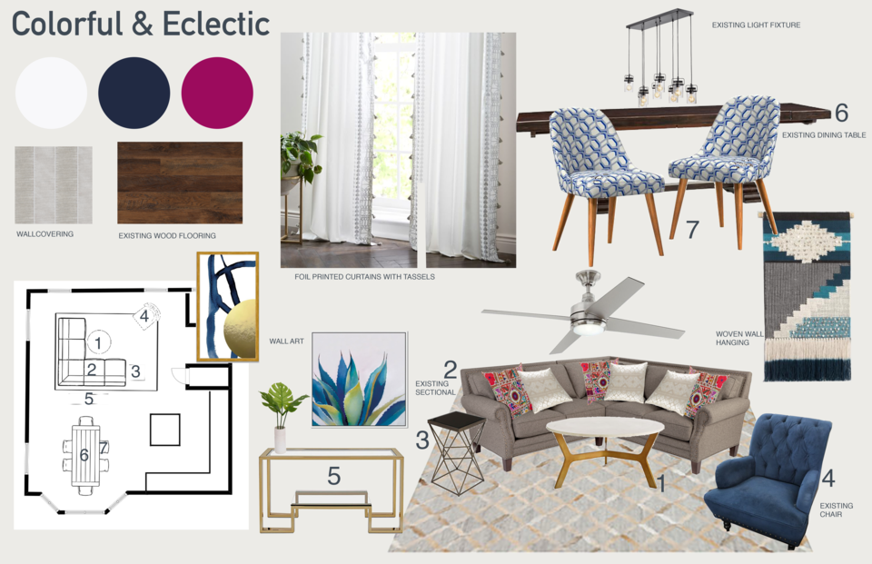 Sala de estar y comedor brillante con decoración transitional Amanda W. Moodboard 1 miniatura