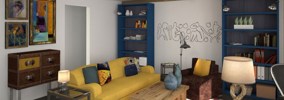 Brillante y Colorido Sala de Yoga en Oficina en Casa - Render Después
