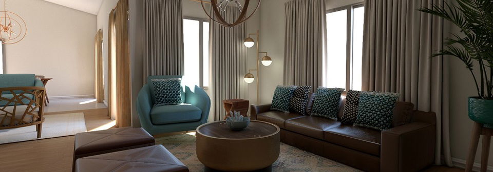 Transitional Living And Dining Room With Teal Accents- After Rendering