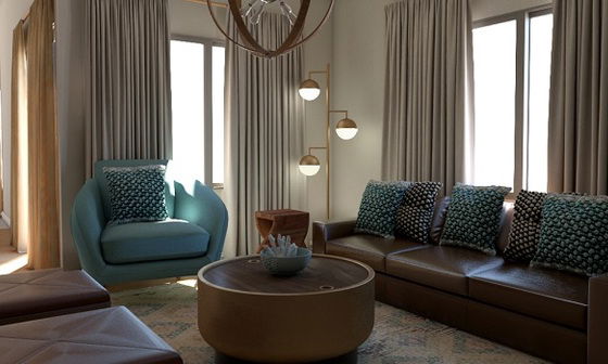 Transitional Living And Dining Room With Teal Accents