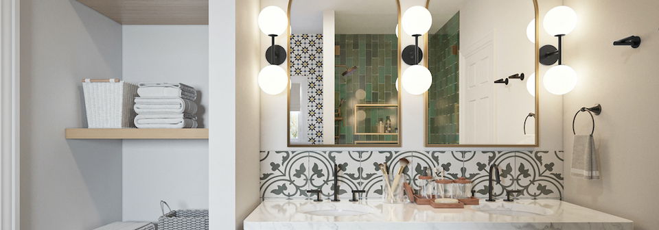 Diseño de baño moderno de azulejos verdes y blancos - Renderizado después