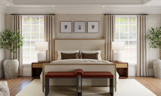 Transitional Neutral Master Bedroom Design by affordable Athens interior designers