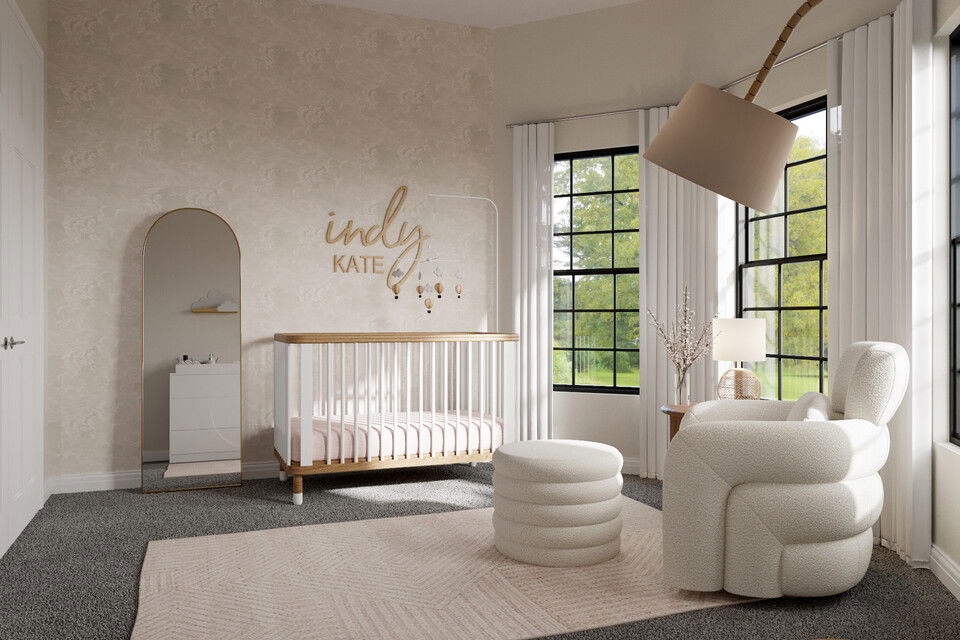 Modern Nursery Design with Curved Crib and Cloud Shelves