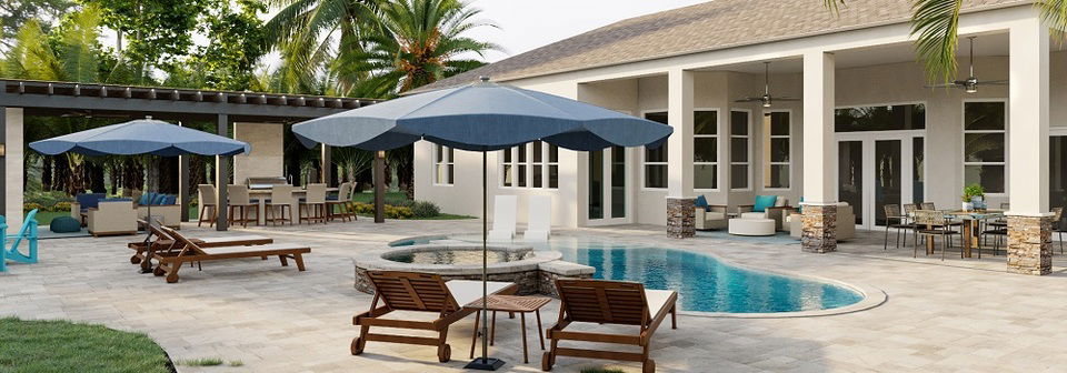 Relaxing Coastal Patio with Grill & Pool by top Naples interior designers