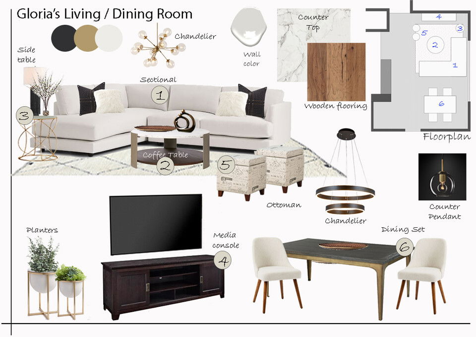 Ideas de Diseño de Interiores Combinadas de Sala-Comedor del Diseñador en Línea