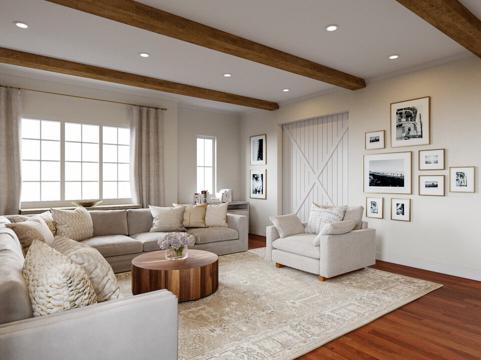 Spacious Living Room Remodel with Ceiling Beams Design