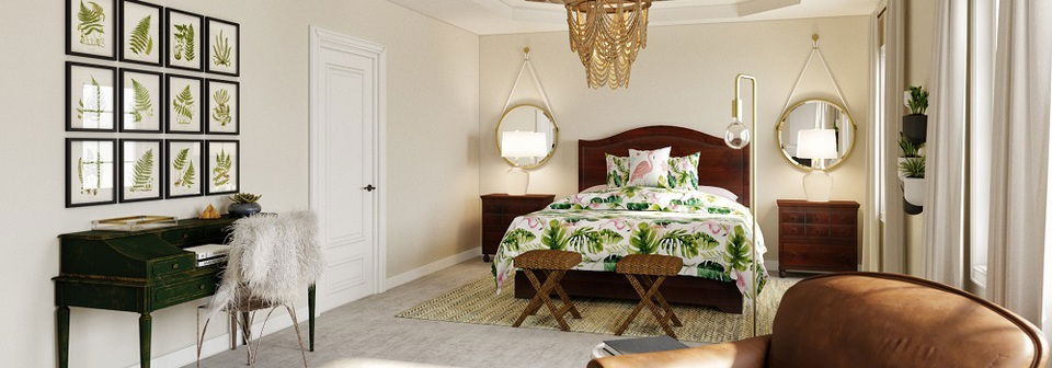 Transitional and Tropical Style Master Bedroom- After Rendering