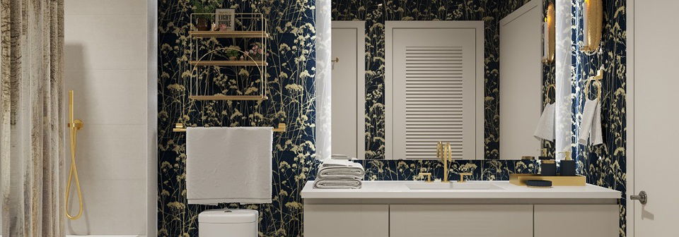 Glam Bathroom with Floral Wallpaper Design Idea- After Rendering