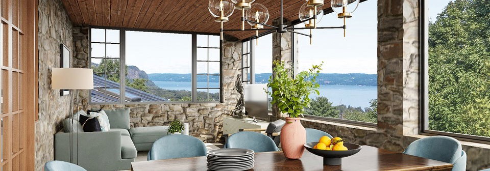 Mid Century Home with Stone Walls Sun Room- After Rendering