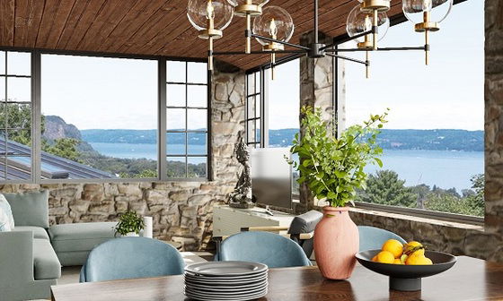 Mid Century Home with Stone Walls Sun Room