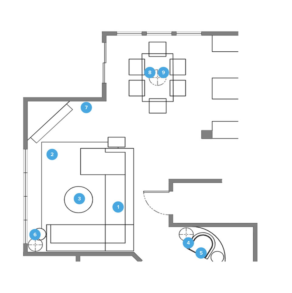 Plano de planta de sala de estar en línea