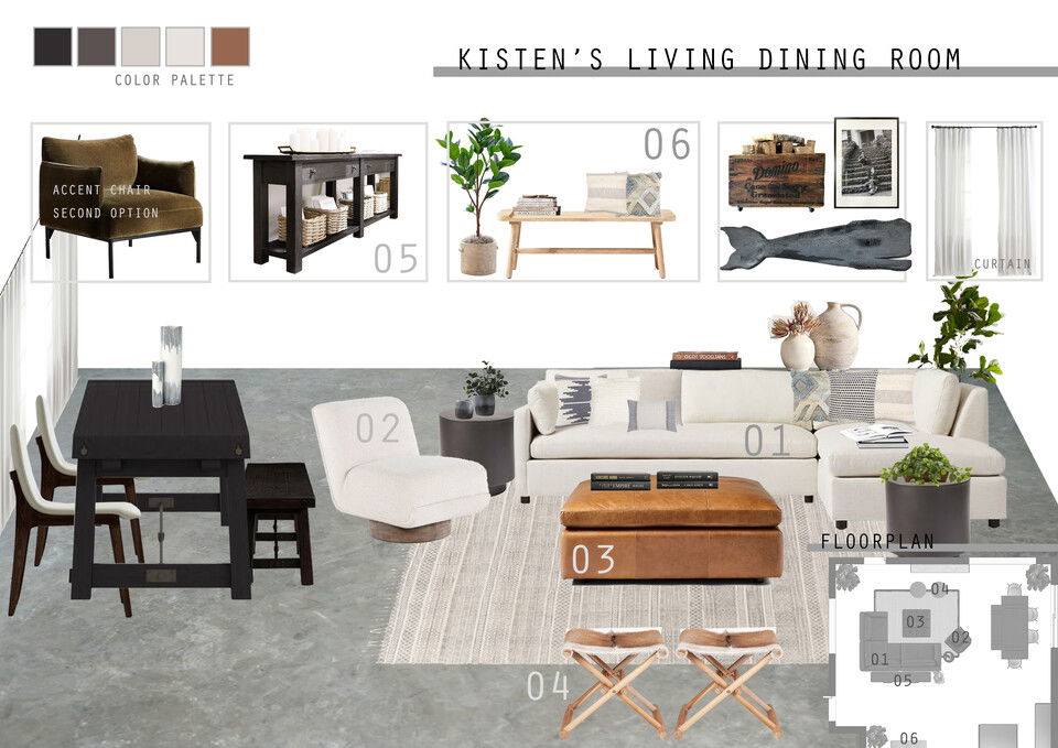 Diseño refinado y ecléctico de sala de estar y comedor Jessica D. Tablero de inspiración 1 miniatura