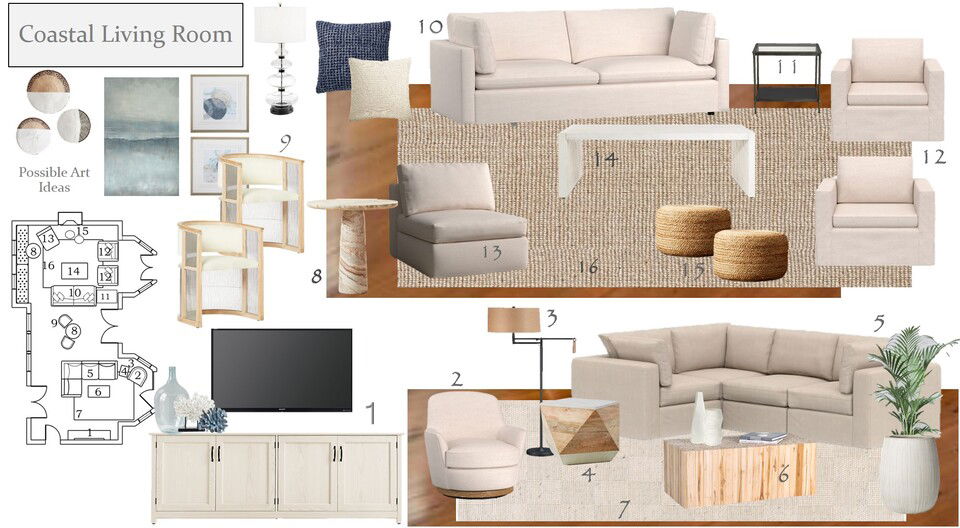 Diseño de Interior de Casa de Verano Costera Relajante Wanda P. Moodboard 1 thumb