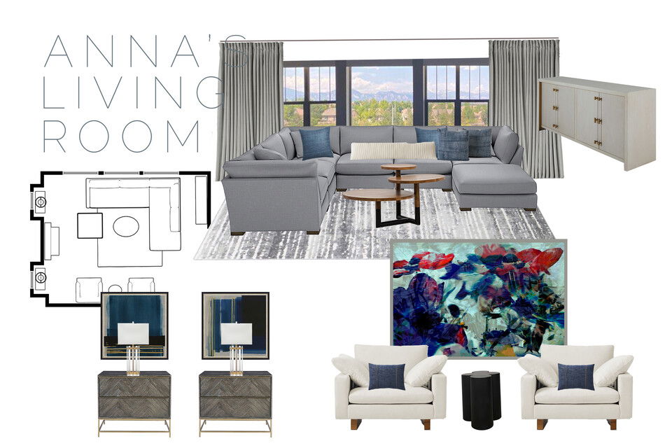 High Ceiling Modern Living Room Interior Design Courtney B. Moodboard 1 thumb