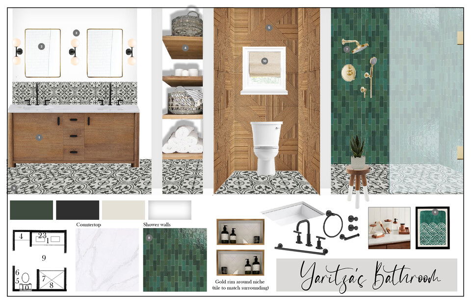 Diseño de baño moderno de azulejos verdes y blancos Casey H. Moodboard 2 thumb