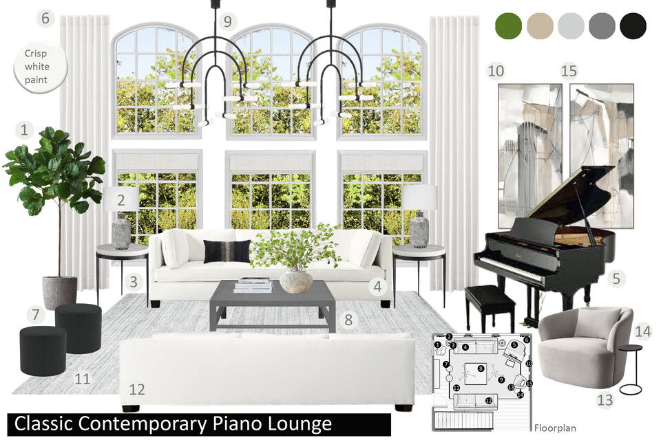 Sala de estar femenina de alta gama blanca con piano - Drew F. Tablero de inspiración 2 thumb