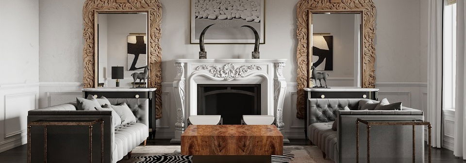 Living Room Design with Hand Carved Fireplace - After Rendering