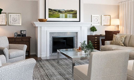 Clean Transitional Family Room and Dining Nook by top Ann Arbor interior designers