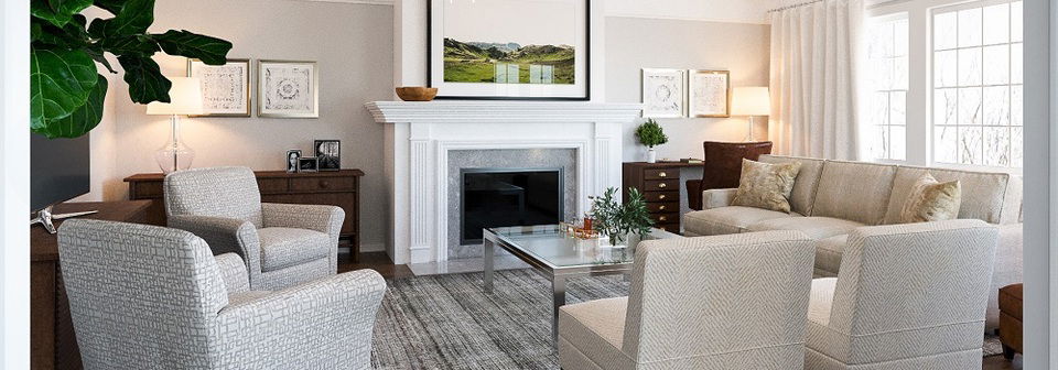 Clean Transitional Family Room and Dining Nook