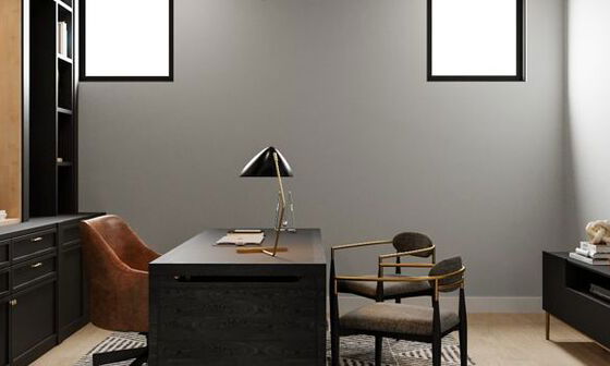 Black Masculine Basement Office Design by affordable Aurora interior designers