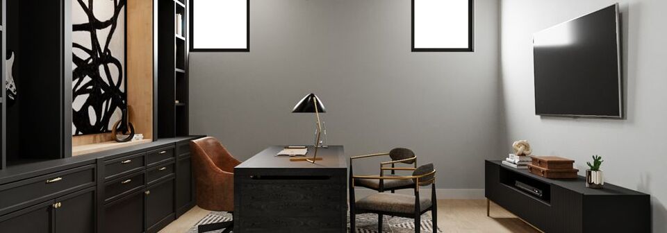 Black Masculine Basement Office Design by affordable Aurora interior designers