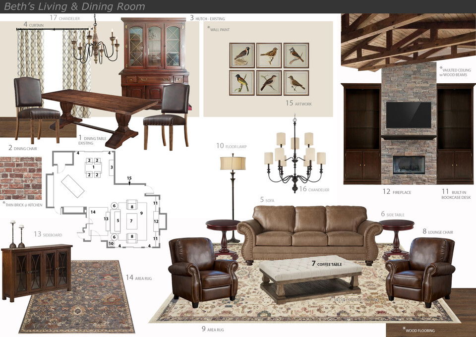Diseño de interiores de hogar con techo de madera rústico abovedado Jessica S. Moodboard 2 thumb