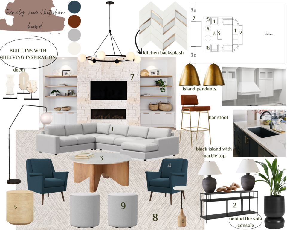 Diseño de interiores de sala y cocina transicional Sahar M. Tablero de inspiración 1 thumb