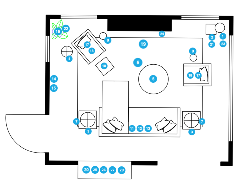 Plano de planta de sala de estar en línea