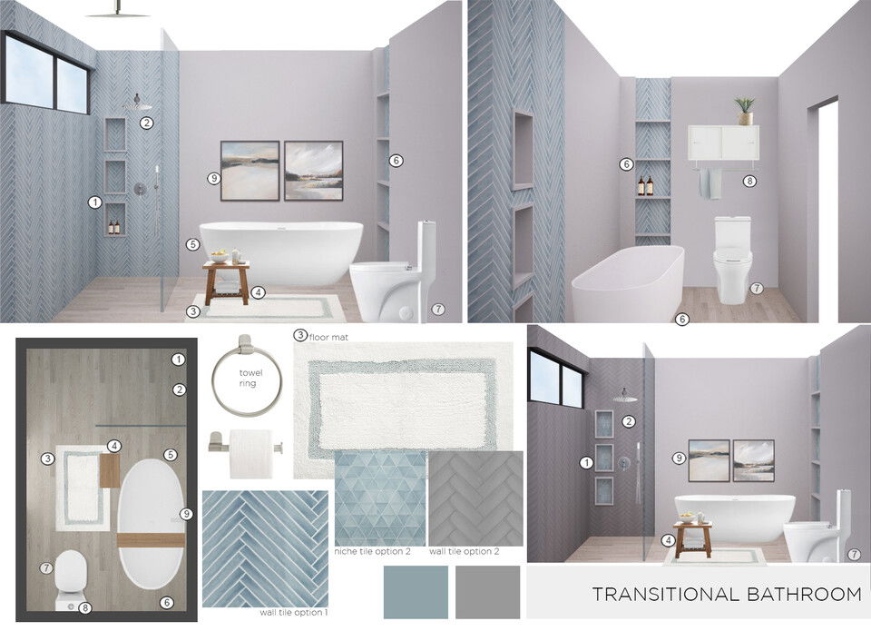 Diseño de interiores del baño principal de transición Maya M. Moodboard 1 thumb