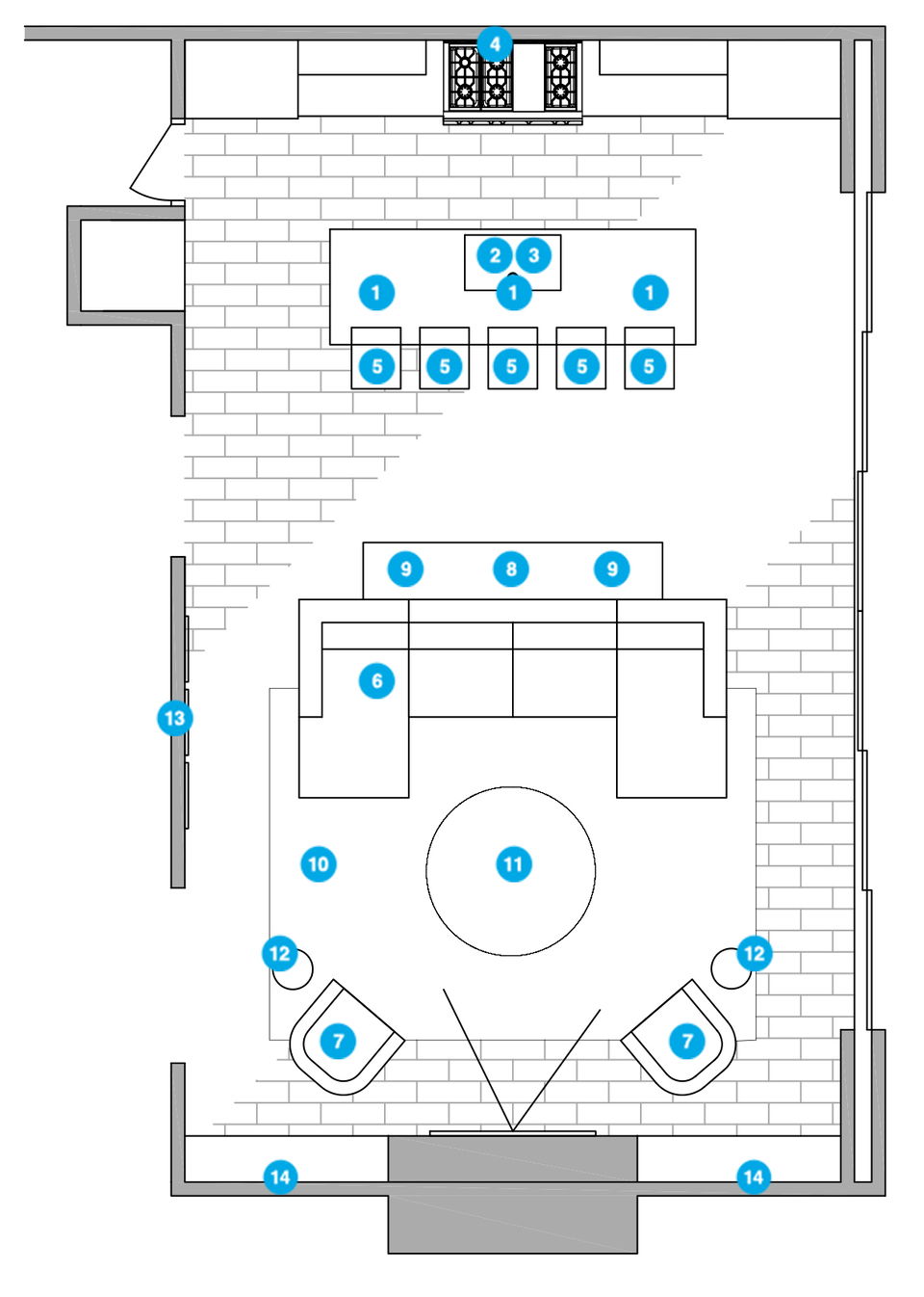 Plano de planta de sala de estar en línea