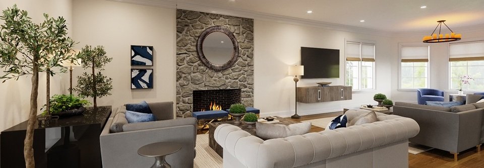 Transitional Living Room with Stone Fireplace-Chandra  - After