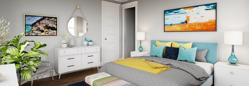 Contemporary Bedroom Design with Pops of Color-Josh & Ellie - After