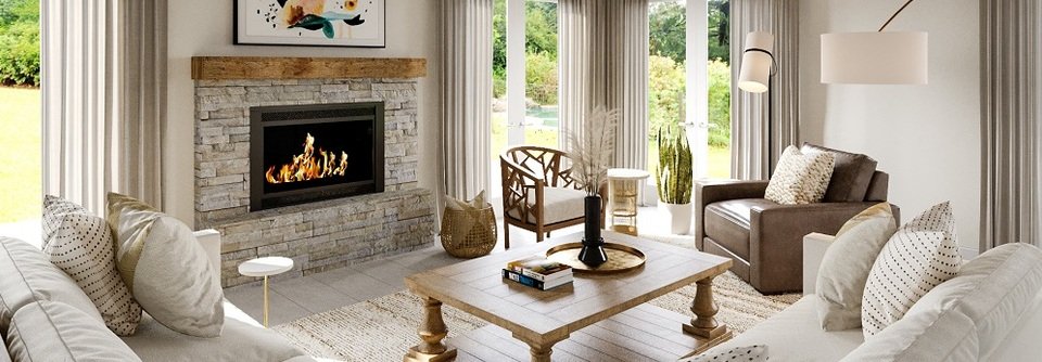 Coastal Living & Dining with Stone Fireplace-Renee - After