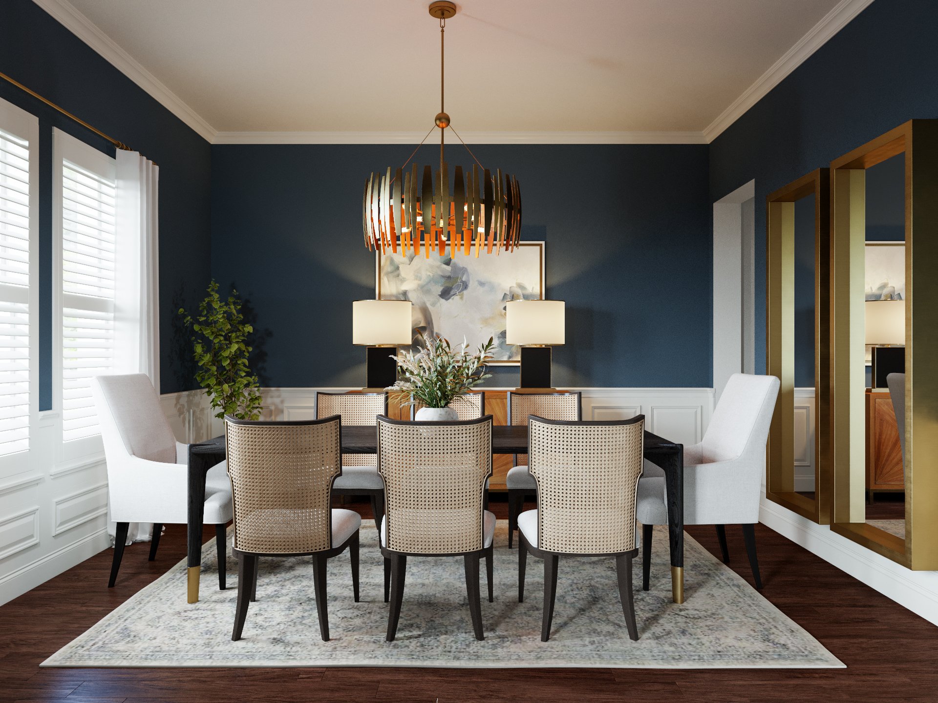 virtual interior design for a transitional dining room goes from moodboard to 3D room design
