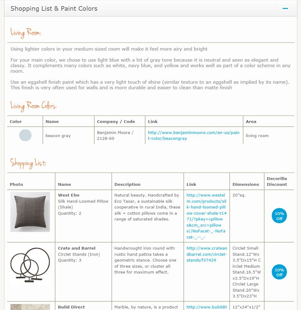 Shopping list for Online Interior Design Service Decorilla