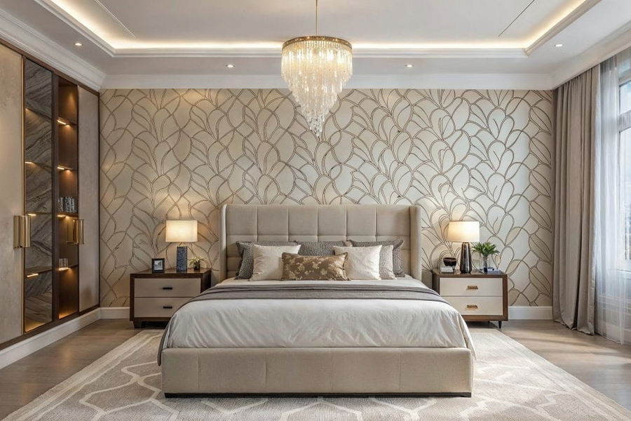 Designer wallpaper in a bedroom by Decorilla