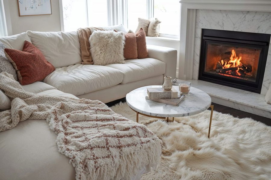 Layered fur and sheepskin rug living room by Decorilla