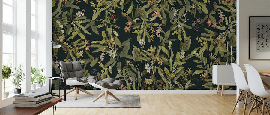 Dark and dramatic botanical wallpaper idea