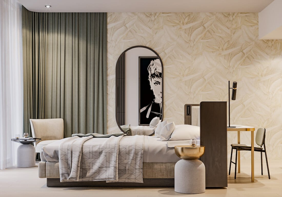 Chic contemporary hotel room by Mladen C with top commercial interior design firm Decorilla