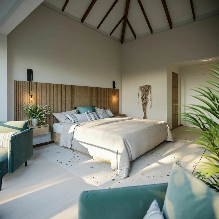 Modern coastal decor in a modern beach house bedroom
