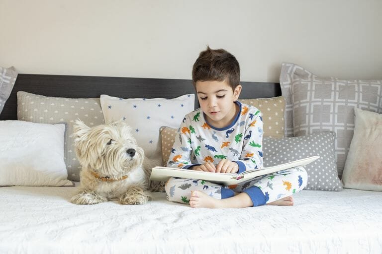 A child reading on a bed next to a fluffy dog in his learning style - housebeautiful