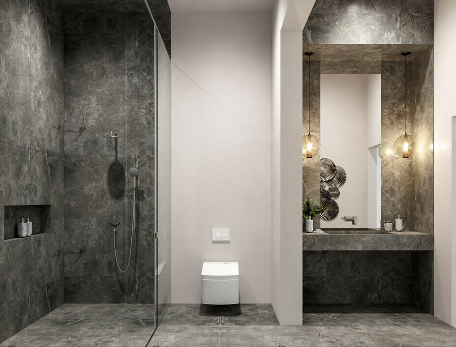 Contemporary all over grey bathroom tiles use the Pantone Color of the Year 2021 to make a statement bathroom