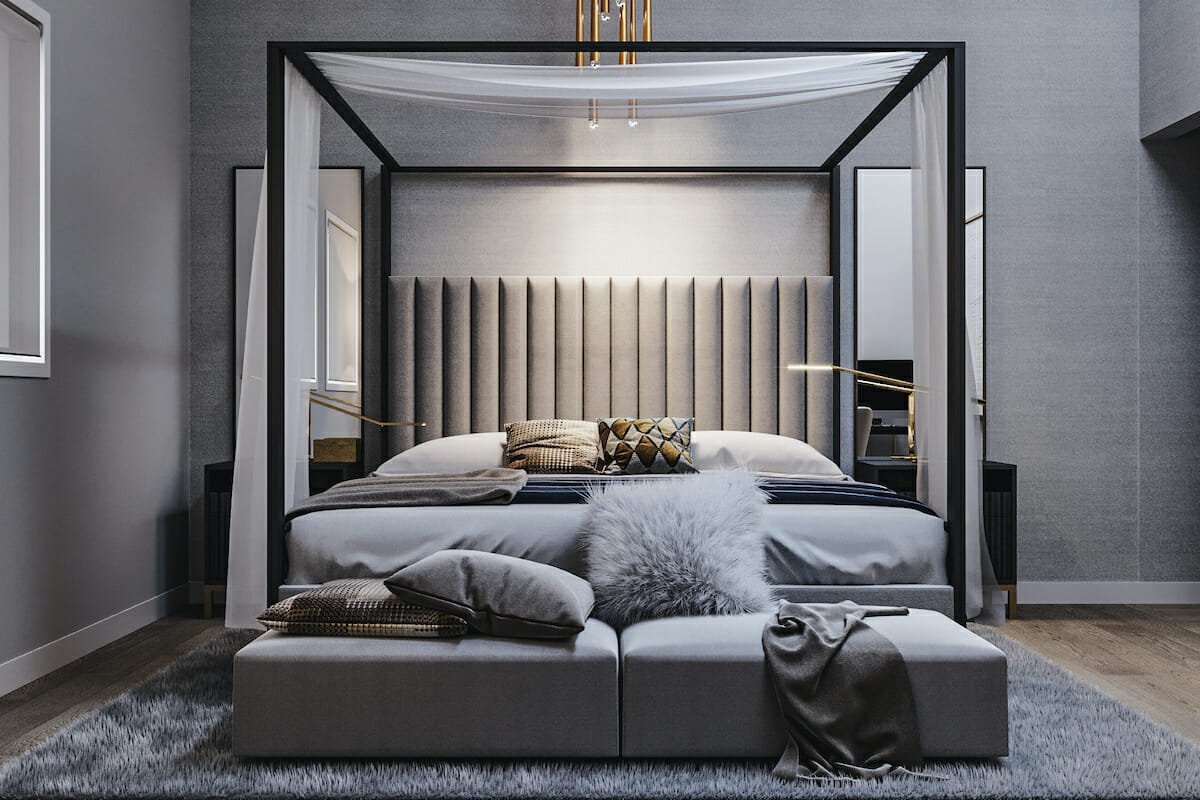 Contemporary bedroom in Pantone color of the year 2021 by Decorilla designer, Mladen C.