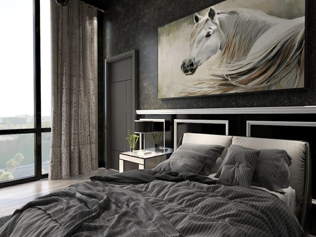 Grey color of the year accents in a modern master bedroom by Decorilla designer, KaSonndra L.