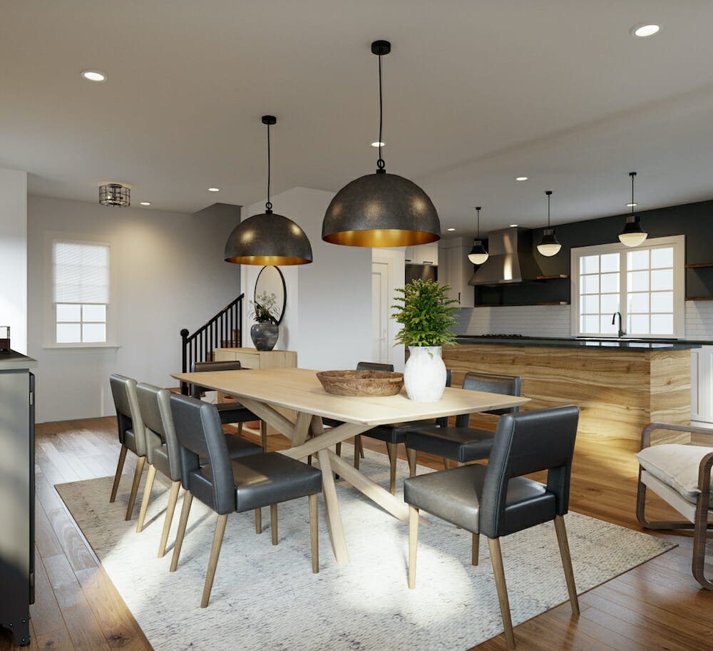 Grey dining chairs for a pop of color of the year in a modern rustic dining room