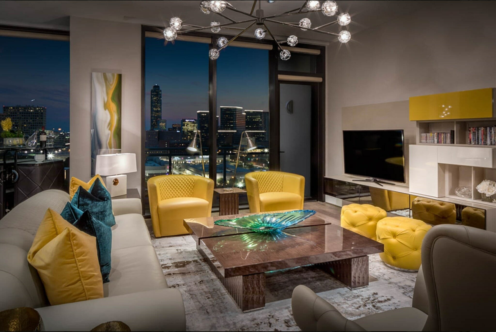 Pantone 2021 color of the year, illuminating yellow as an accent in a contemporary loft
