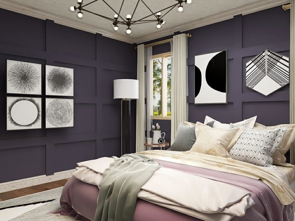 Glam purple, black and ivory bedroom by interior designer Kassondra Leigh